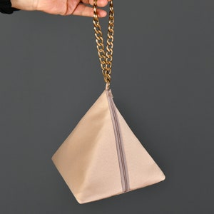 Taffeta 3D Triangle Pouch With Handle, Triangle Zippered Clutch Purse, Special Occasion, Simple Elegant Bag, Evening Dress, Champagne