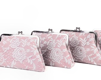 Blush pink  bridesmaid clutch frame purse clutch ivory lace bridal clutch ,Set of 1,2,3,4,5,6,7,8,9,10,11,12 with silver frame -COLOR OPTION