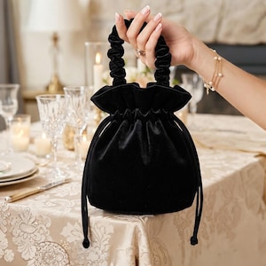 Black Vintage Inspired Velvet  Ruched Handle Evening & Wedding Pouch Bag, Victorian Style Drawstring Mini Bag,