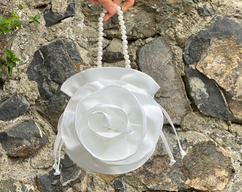 Bridal Purse & Shoulder Bag With Ivory Faux Perl Handle, Wedding Clutch Bag, Evening Shoulder Bag, With Rose Flower, White Color