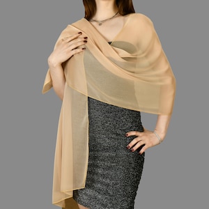 Boléro châle en mousseline de soie couleur or, haussement d&#39;épaules de mariage, option extra longue disponible