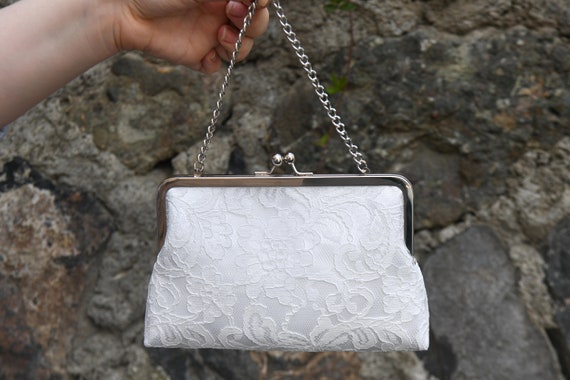 Off White Bridal Kisslock Clutch With Handle Frame Purse 