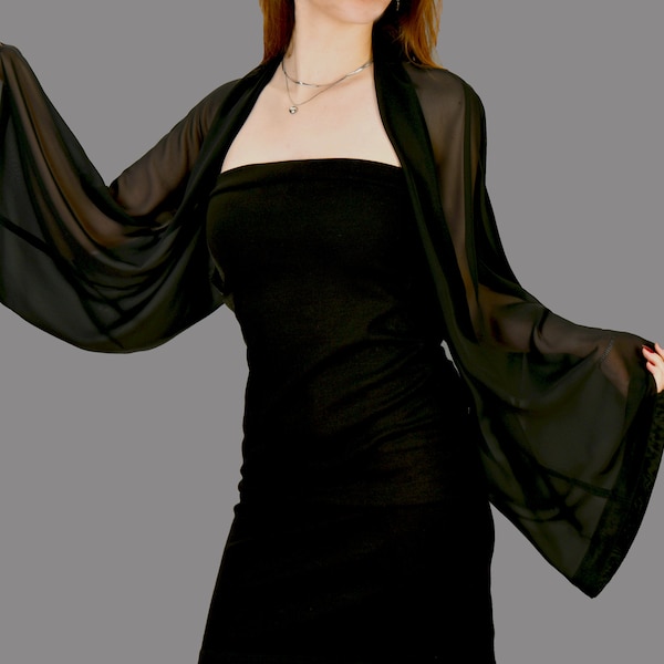 Evening dress Cover- up Shawl, Chiffon Sleeves Wrap Shawl Bolero Winter Wedding Shrug Elegant Accessory,  Bridal Wrap Shrug, Black