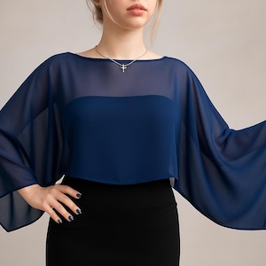 Navy Blue Formal Chiffon Wrap Capelet Blouse For Plus Size –Weddings & Events Women’s Sheer Bolero Shrug –40+ Colors, Blac,Dusty Rose