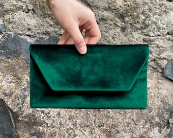 Velvet Evening Envelop Clutch Bag With Wristlet, Evening Bag, Occasion Clutch Bag, With Removable Handle, Emerald Green