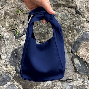 Evening Wedding Small Satin Purse Bag, Wedding Bag, Evening Bag, Japanese Knot Bag, Furoshiki Bag, Navy Blue Color
