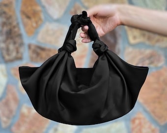 REDISEÑADO- Bolso de nudo de satén Furoshiki con bolsa interior estable, bolso de nudo de satén, bolso de embrague para ocasiones especiales, opción de color negro