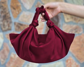 REDESIGNED- Furoshiki Satin Knot Handbag, Small Knot Bag Satin, Special Occasion Clutch Bag, Burgundy, Wine-Color option
