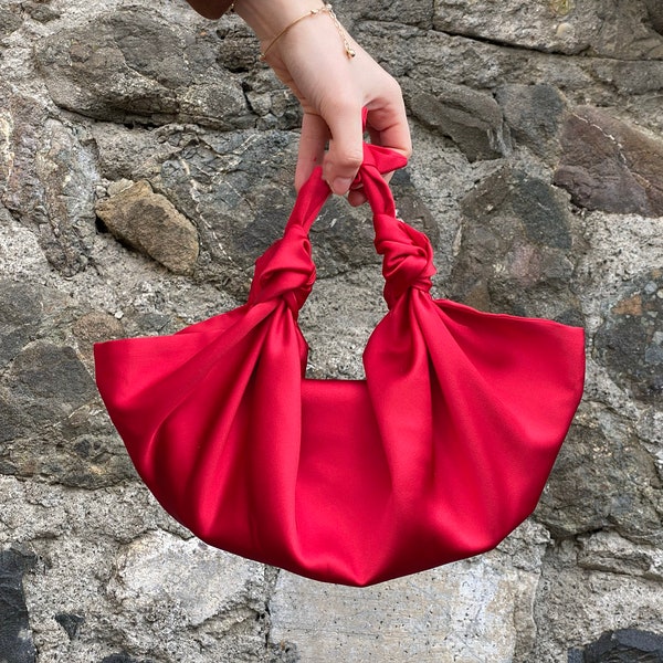 REDESIGNED- Furoshiki Satin Knot Handbag, Small Knot Bag Satin, Special Occasion Clutch Bag, Red-Color option