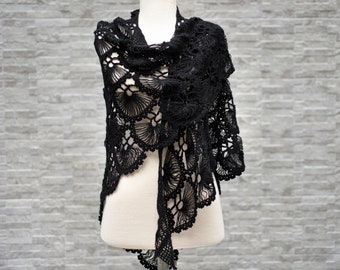 Chal de boda negro, chal triangular de crochet para la noche, espalda