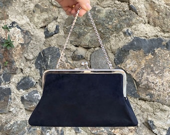 Faux Suede Evening Handbag Clutch, Kiss Lock frame Handbag Clutch, With Chain Handle & Silver Frame, Navy Blue - COLOR OPTION