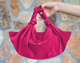 Furoshiki Satin Knot Handbag, Satin Knot Bag Satin, Special Occasion Clutch Bag, Fuchsia, Deep Pink, Hot Pink-Color option