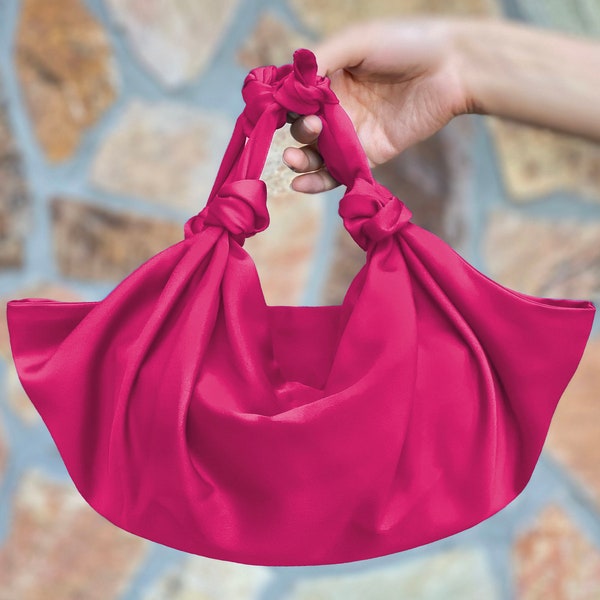 REDESIGNED- Furoshiki Satin Knot Handbag, Satin Knot Bag Satin, Special Occasion Clutch Bag, Fuchsia, Deep Pink, Hot Pink-Color option