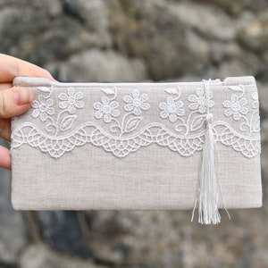 Bridesmaid clutch  rustic wedding clutch ,zipper pouch, clutch with tassel