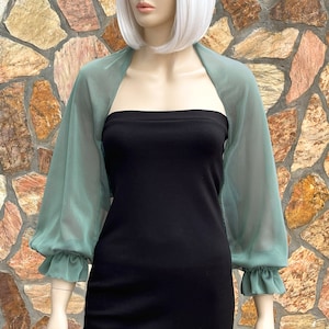 Evening dress Cover Bolero- Up Shawl, Puff Sleeved Bolero, Evening Wrap Shrug, Mesh Jacket, Sage Green