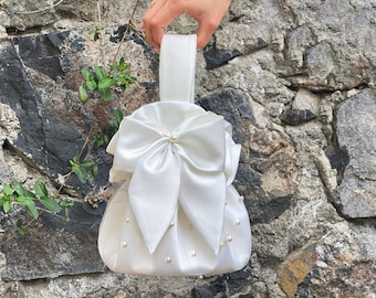 Bolso de novia con cuentas de marfil y lazo grande, bolso de mano para boda, bolso de noche, blanco roto, color marfil
