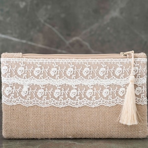 Burlap lace clutch, rustic wedding, bridesmaid Clutch, Wedding clutch shabby, clutch wiht tassel