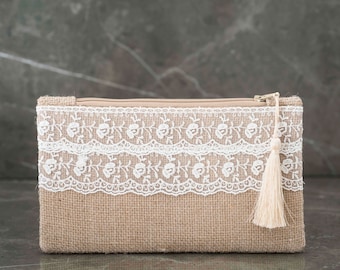 Burlap lace clutch, rustic wedding, bridesmaid Clutch, Wedding clutch shabby, clutch wiht tassel