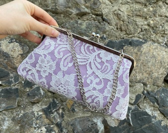 Bridesmaid  kisslock frame  handbag clutch in Lilac frame purse clutch with chain handle,with silver frame -COLOR OPTION