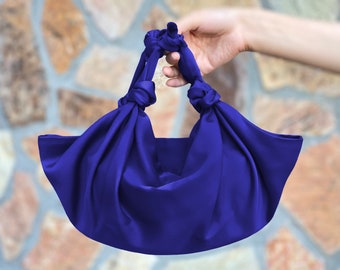 NEU GESTALTUNG – Furoshiki Kleine Satin-Knoten-Handtasche, Satin-Knoten-Tasche aus Satin, Clutch-Tasche für besondere Anlässe, Königsblau, Elektroblau – Farboption