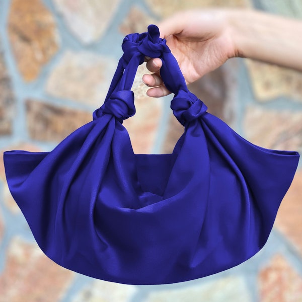 REDESIGNED- Furoshiki Small Satin Knot Handbag, Satin Knot Bag Satin, Special Occasion Clutch Bag, Royal Blue, Electric Blue- Color option