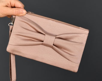 Embrayage nu, embrayage de mariage, embrayage de demoiselle d'honneur Bow Wristlet Clutch, avec poignée amovible