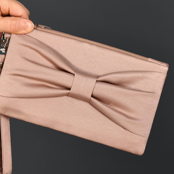 Nude Clutch, Wedding Clutch, Bridesmaid Clutch Bow Wristlet Clutch, With Removable Handle