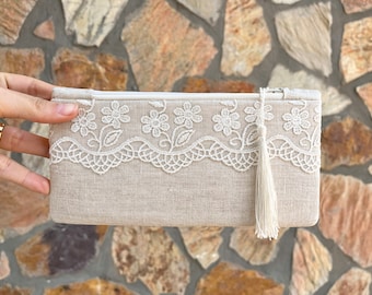 Linen Bridesmaid Clutch Rustic Wedding Clutch Purse With Lace, Zipper Pouch, Clutch With Tassel