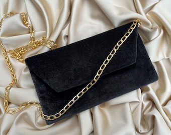 Small Evening Shoulder Bag, Envelop Clutch Shoulder Bag, Velvet, Black
