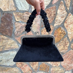 Black Evening Handbag Clutch Purse Bag, Kiss Lock frame Handbag Clutch Silver Frame,