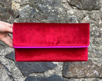 Evening Envelop Clutch Bag With Removable Wristlet Handle, Red With Magenta Fuchsia Bia Trim - Custom COLOR CHOICE available