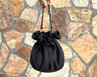 Black Satin Small Pouch Bag, Knot Bag Purse Satin Wedding, Special Occasion, Simple Elegant Bag, Evening Dress, Black