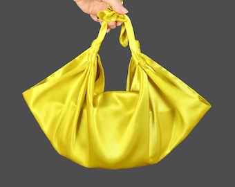 Lemon Yellow Evening Satin Knot Handbag, Small Wedding Knot Bag Satin, Special Occasion Clutch Bag, Citrus Yellow - Color option