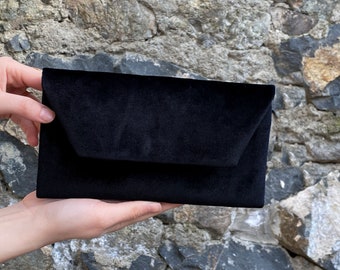 Velvet Evening Envelop Clutch Bag With Wristlet, Evening Bag, Occasion Clutch Bag, With Removable Handle,Black