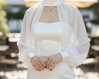 Bridal Chiffon Bolero Shrug with Tie – Sheer Wedding Jacket Cover Up | Long Sleeve | 35 Colors