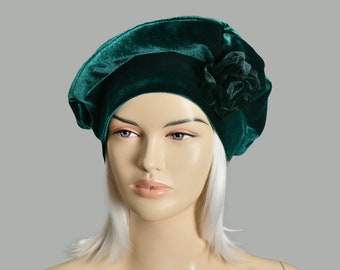 Velvet Beret Tam With Flower And Shawl Wrap With Matching Japanese Knot Bag Option, Warm Winter Shawl Wrap, Emerald green- COLOR OPTION