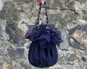 Navy Lace Satin Geldbörse, Knot Bag Purse Navy Satin Hochzeit, für besondere Anlässe, einfach elegant Tasche, Abendkleid, Navy Farbe