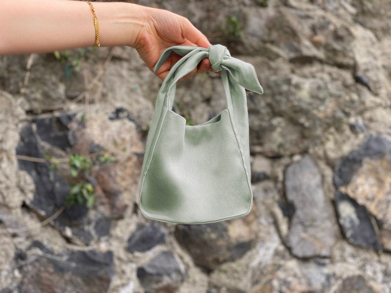 Satin Purse Bag Clutch, Evening Clutch Bag Purse Bag, Wedding Purse Bag, Japanese Knot Bag, Furoshiki Bag, Asparagus Green, Sage Green, image 1