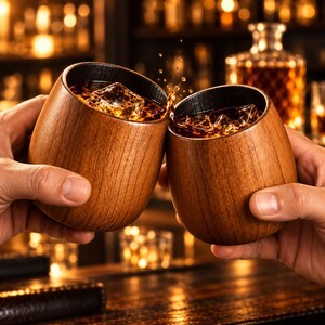 Two people toasting with handcrafted wooden bourbon glasses filled with whiskey and ice.