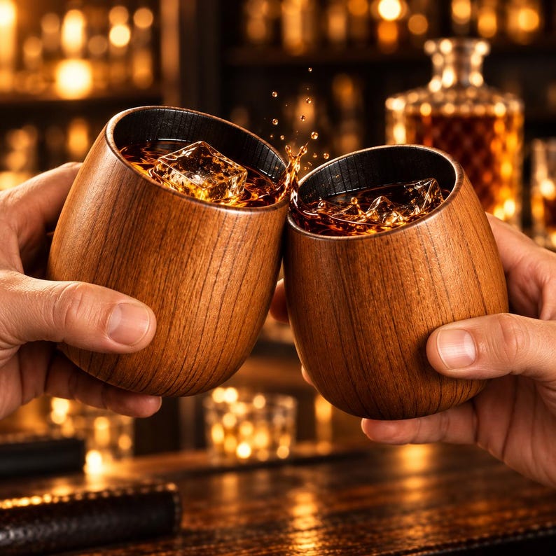 Two people toasting with handcrafted wooden bourbon glasses filled with whiskey and ice.
