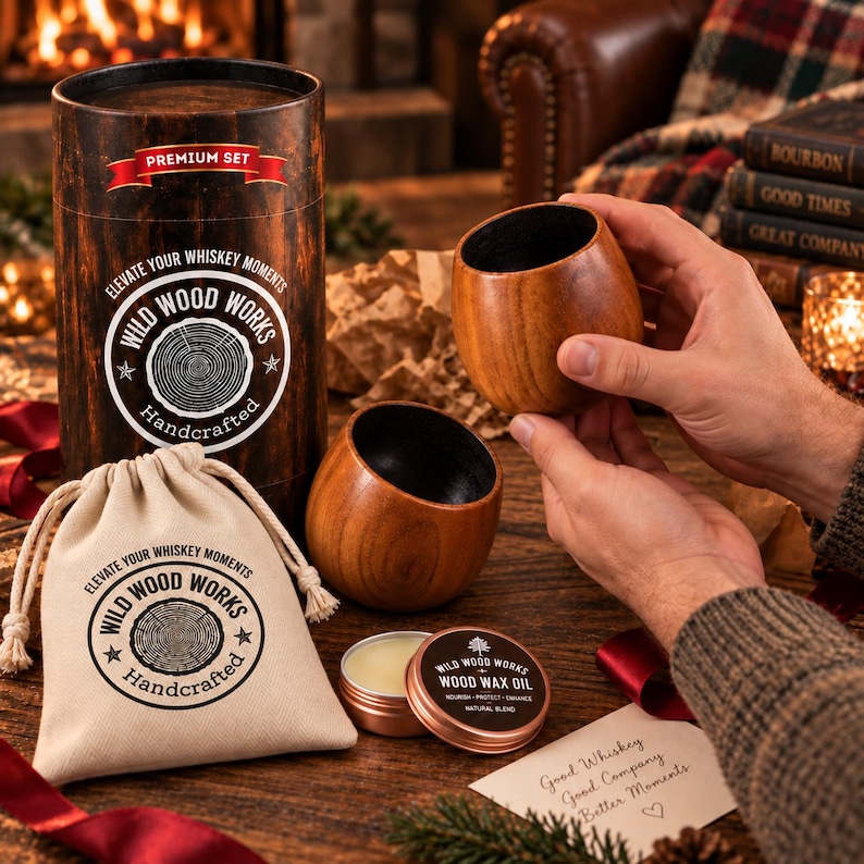 Complete wooden whiskey gift set with two oak glasses, premium cylindrical gift tube, cotton bag and wood care wax.