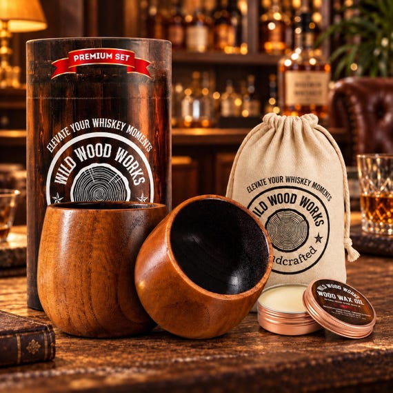 Charred Oak Whiskey Glass Set of 2 with Gift Box, Whisky Lover Gift for Him, Rustic Barware