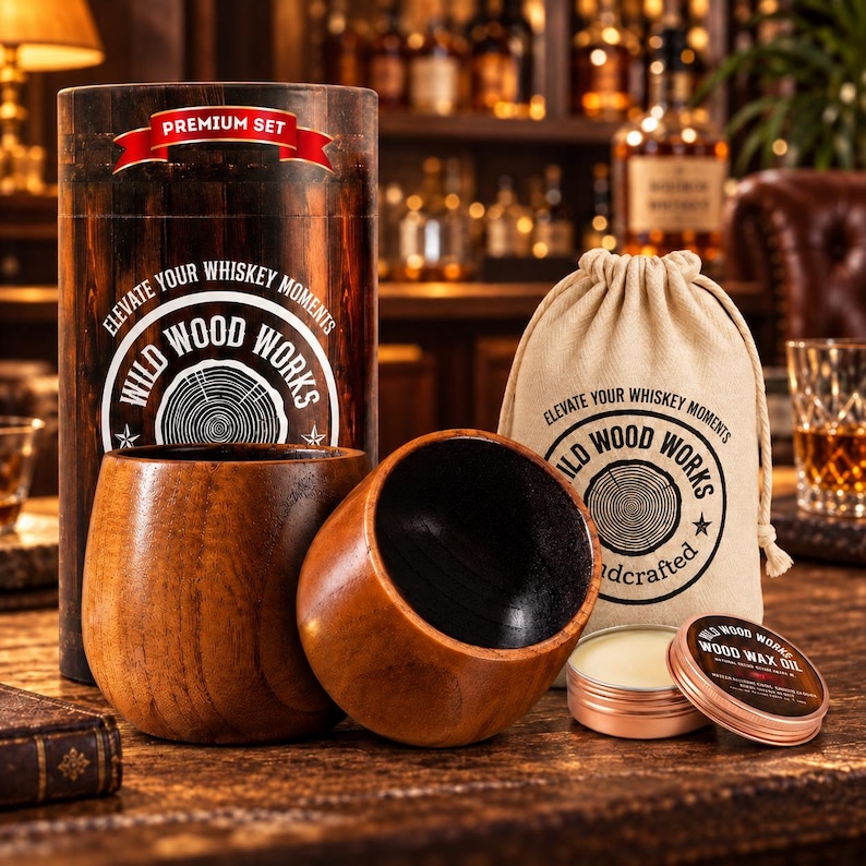 Set of two handcrafted oak whiskey glasses with charred black interiors, one filled with bourbon and ice in a warm home bar setting.