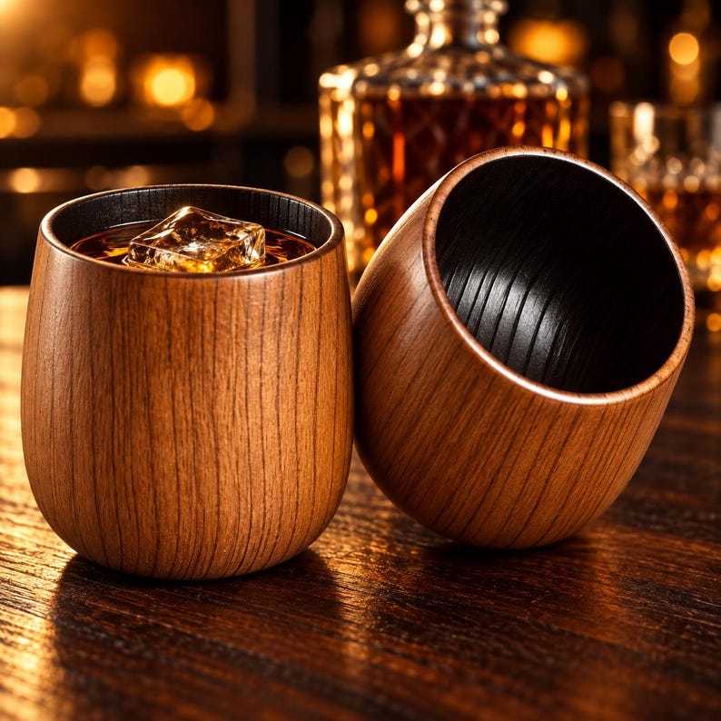 Bourbon being poured into a handcrafted wooden whiskey tumbler with a second charred oak glass beside it.
