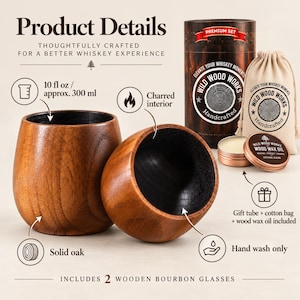 Product detail guide showing two 10 oz solid oak whiskey glasses with charred interiors, gift tube, cotton bag and wood care wax.