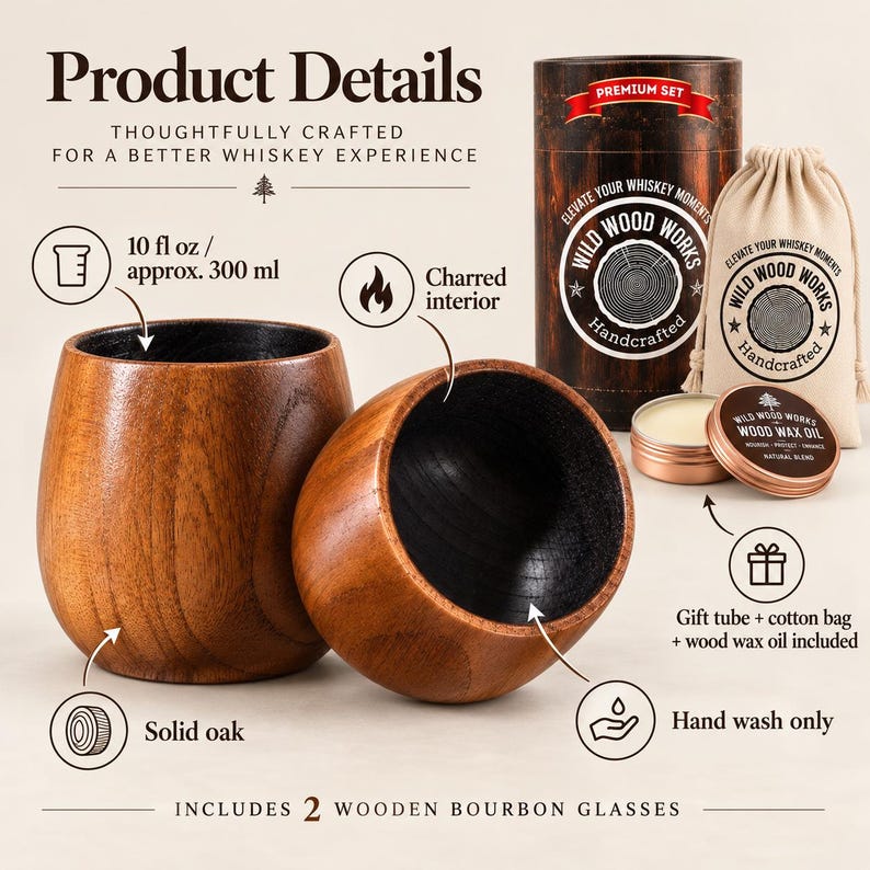 Product detail guide showing two 10 oz solid oak whiskey glasses with charred interiors, gift tube, cotton bag and wood care wax.