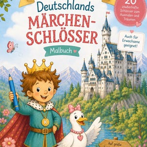Puede incluir: Un libro para colorear titulado Deutschlands MÄRCHEN-SCHLÖSSER con un rey de dibujos animados que sostiene un lápiz azul y una gaviota blanca con un lazo rosa y un collar de corazón. La portada muestra un castillo, montañas y flores.