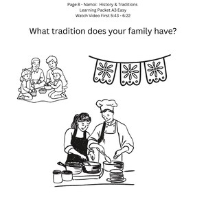 May include: Black and white illustration from a learning packet about Mexico. The image includes text that reads "MEXICO" and "What tradition does your family have?" There are drawings of people, food, and decorative banners.
