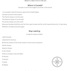May include: A white educational worksheet titled "CANADA" with text about Canada's location, oceans, and map labeling exercises. Includes a compass rose graphic and the Zooflee Family Entertainment logo.