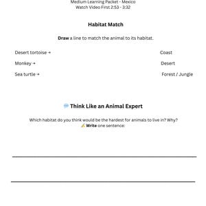 Puede incluir: Una hoja de trabajo educativa blanca titulada "MÉXICO" con ejercicios de emparejamiento de hábitats de animales. La hoja de trabajo incluye indicaciones para emparejar animales como tortugas del desierto, monos y tortugas marinas con sus hábitats.